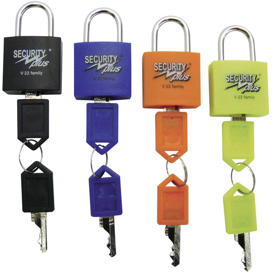 Security Plus V 22-4 Hänglås Set 4 st Neongul, Blå, Orange, Svart Nyckellås