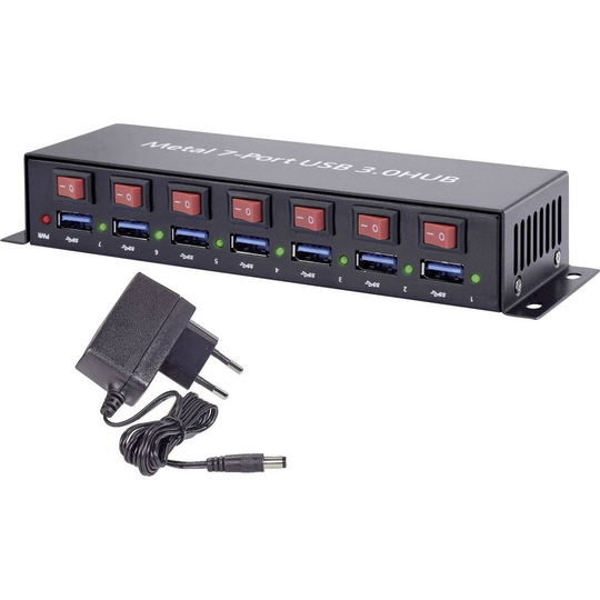 Renkforce Renkforce 7 Port USB-Hub 3.0 Metallhölje, individuellt omkopplingsbara, väggfäste Svart