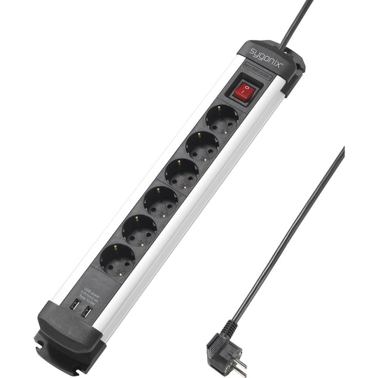 Sygonix SY-4538262 Förgreningsdosa med brytare 6x Svart, Silver Skyddskontakt