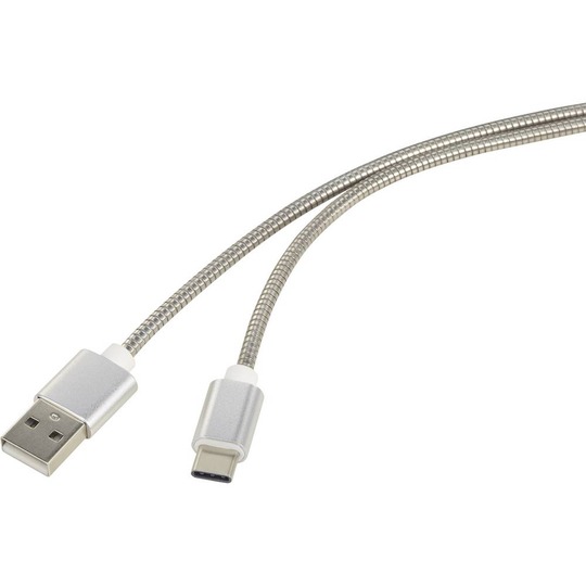 Renkforce RF-4888671 Anslutningskabel [1x USB 2.0 A hane - 1x USB-C® hane] 1.00 m Silver Kabelmantling av rostfritt stål