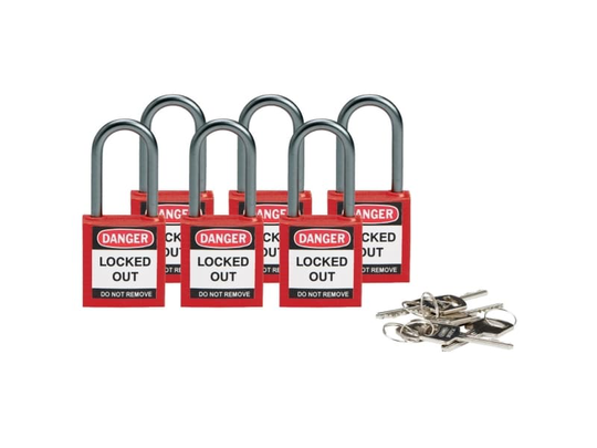 Brady 814126, Konventionellt hänglås, Tangentlås, Lika låsning, Röd, Gjuten aluminium, U-format