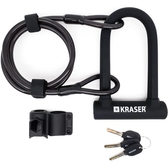 KRASER KR65145B Universal U-format cykellås med hög säkerhet + 120 cm stålkabel + fäste Unisex-vuxen, svart, standard