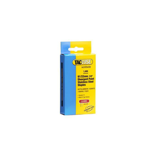 Låda med 1000 smalkrona rostfritt stål divergerande spetsklammer typ 91 L.22 mm - TA-1070 - Tacwise