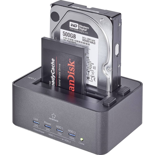 Renkforce rf-docking-08 USB 3.2 Gen 1 (USB 3.0) SATA 2 Port HDD-dockningsstation med kloningsfunktion, med Erase-funktion