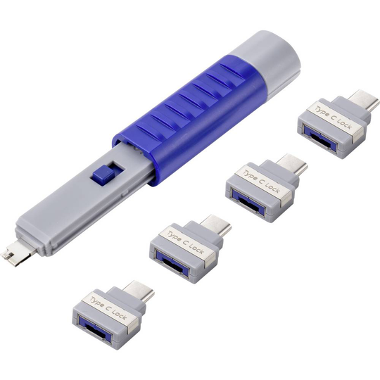 Renkforce USB-portlås RF-4696494 Set 4 st Blå, Grå inkl. 1 nyckel RF-4696494