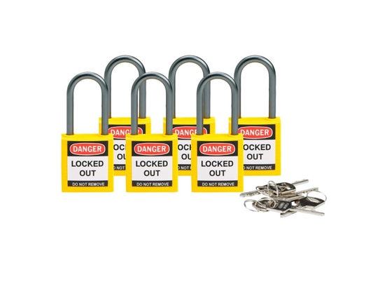 Brady 814127, Konventionellt hänglås, Kombinationslås och nyckellås, Lika låsning, Gul, Gjuten aluminium, U-format