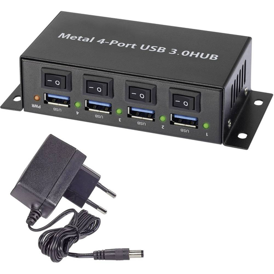 Renkforce Renkforce 4 Port USB-Hub 3.0 Metallhölje, individuellt omkopplingsbara, väggfäste Svart
