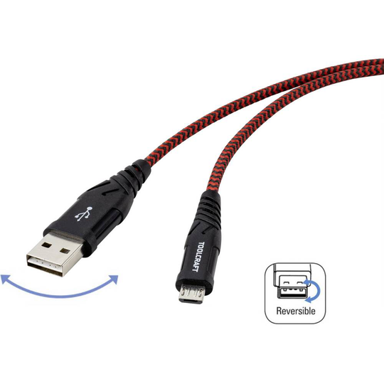 Renkforce TO-6872823 [1x USB 2.0 A hane - 1x USB 2.0 Micro-B hane] 2.00 m Svart/Röd Extremt robust flätad skärmning, Tillämplig kontakt på båda sidor