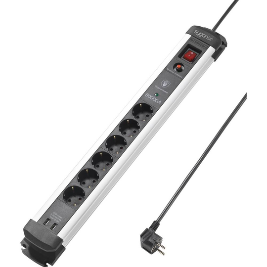 Sygonix SY-4538280 Grenuttag med överspänningsskydd 6x Svart, Silver Skyddskontakt