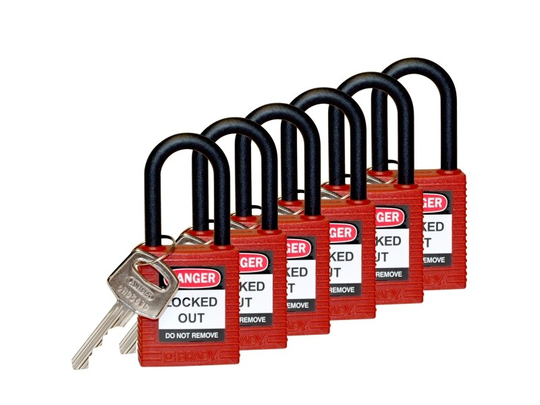 Brady 813594, Konventionellt hänglås, Tangentlås, Lika låsning, Röd, Nylon, U-format