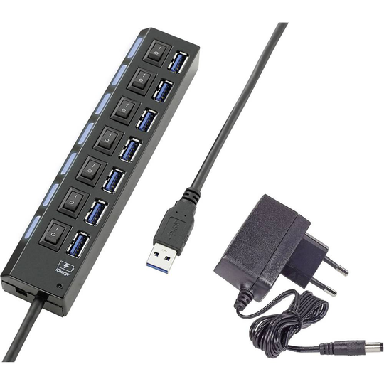 Renkforce 7 Port USB-Hub 3.0 individuellt omkopplingsbara, med status-LED, med iPad-laddningsport Svart
