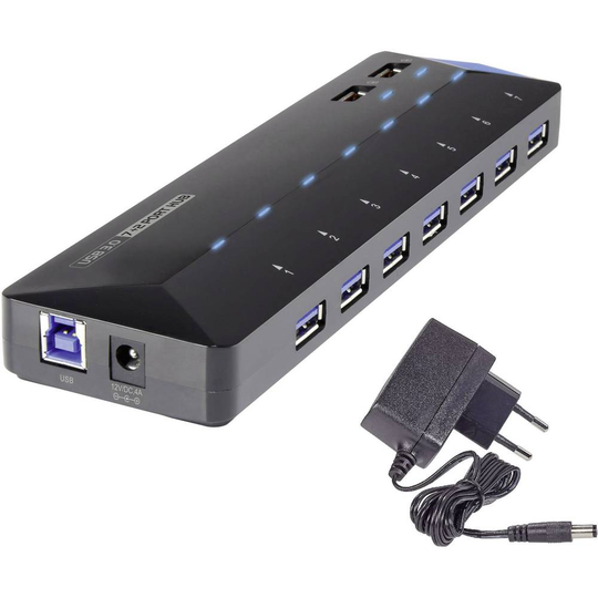 Renkforce 7+2 Port USB-Hub 3.0 med snabb-laddning, med status-LED Svart