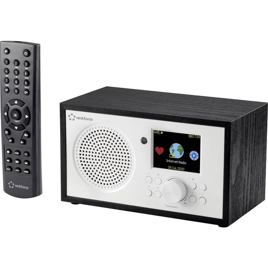 Renkforce RF-IR-MONOV2 Internet-bordsradio Internet WiFi, Internetradio Batteri-laddningsfunktion, DLNA-kompatibel, inkl. fjärrkontroll Vit-svart