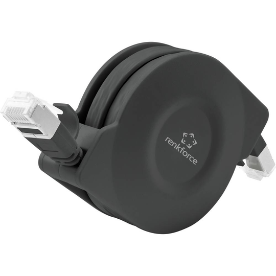 Renkforce RF-4476386 RJ45 Nätverk Anslutningskabel CAT 6A U/FTP 1.50 m Svart Platt utförande, inkl. rulle