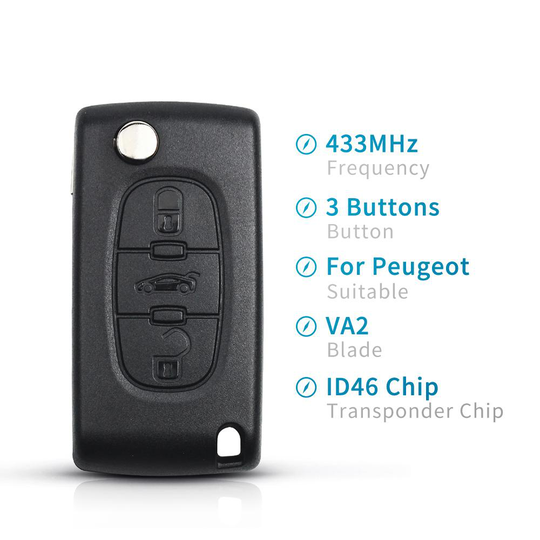 3 knappar fjärrnyckel CE0536 433MHz ID46-chip VA2 Peugeot
